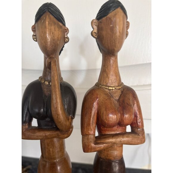 Hand-Carved African-Inspired Wooden Female Figurines Statues On Black Stands - Picture 3 of 16